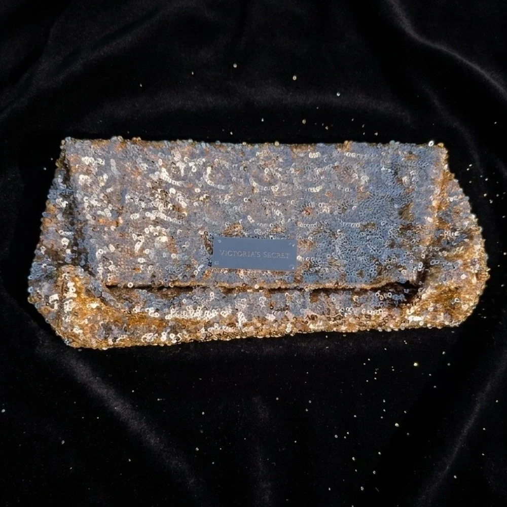Victoria's Secret Gold Silver Sequin Foldover Clutch Night Out Evening Bag Pouch